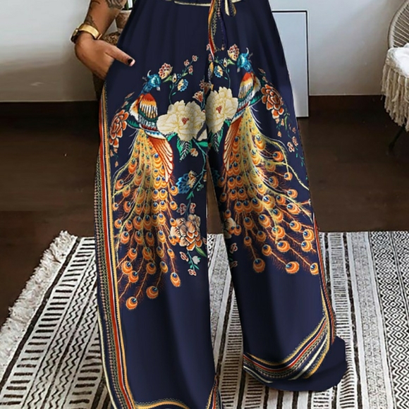 Floral Peacock Print Twisted Front Crop Top & Wide - Picture 2 of 8